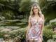 A woman in a floral dress posing in front of a pond.