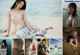 A collage of photos of a woman sitting on the beach.