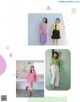 A magazine spread with a picture of a woman in a pink sweater and skirt.
